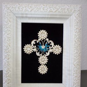 Framed Blue Butterfly Jeweled Cross Creation
